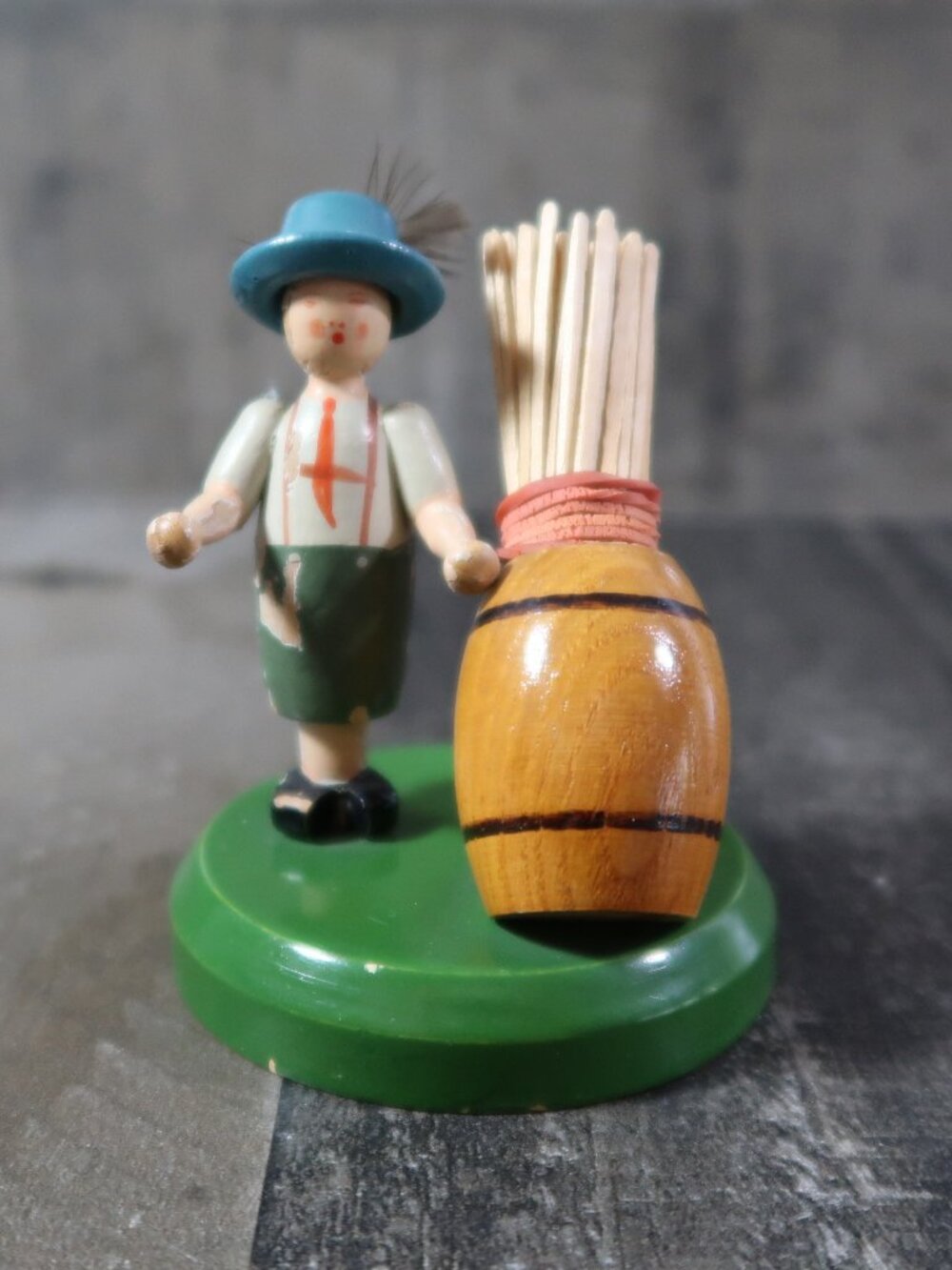 Wood Bavarian German Boy on Stand Barrel Toothpick Holder European Old World